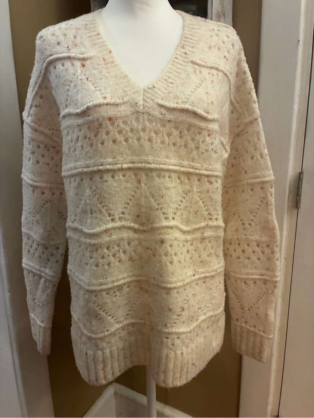 Sundance Minnie Oversized Speckled V-Neck Pointelle Knit Sweater Size S Boho